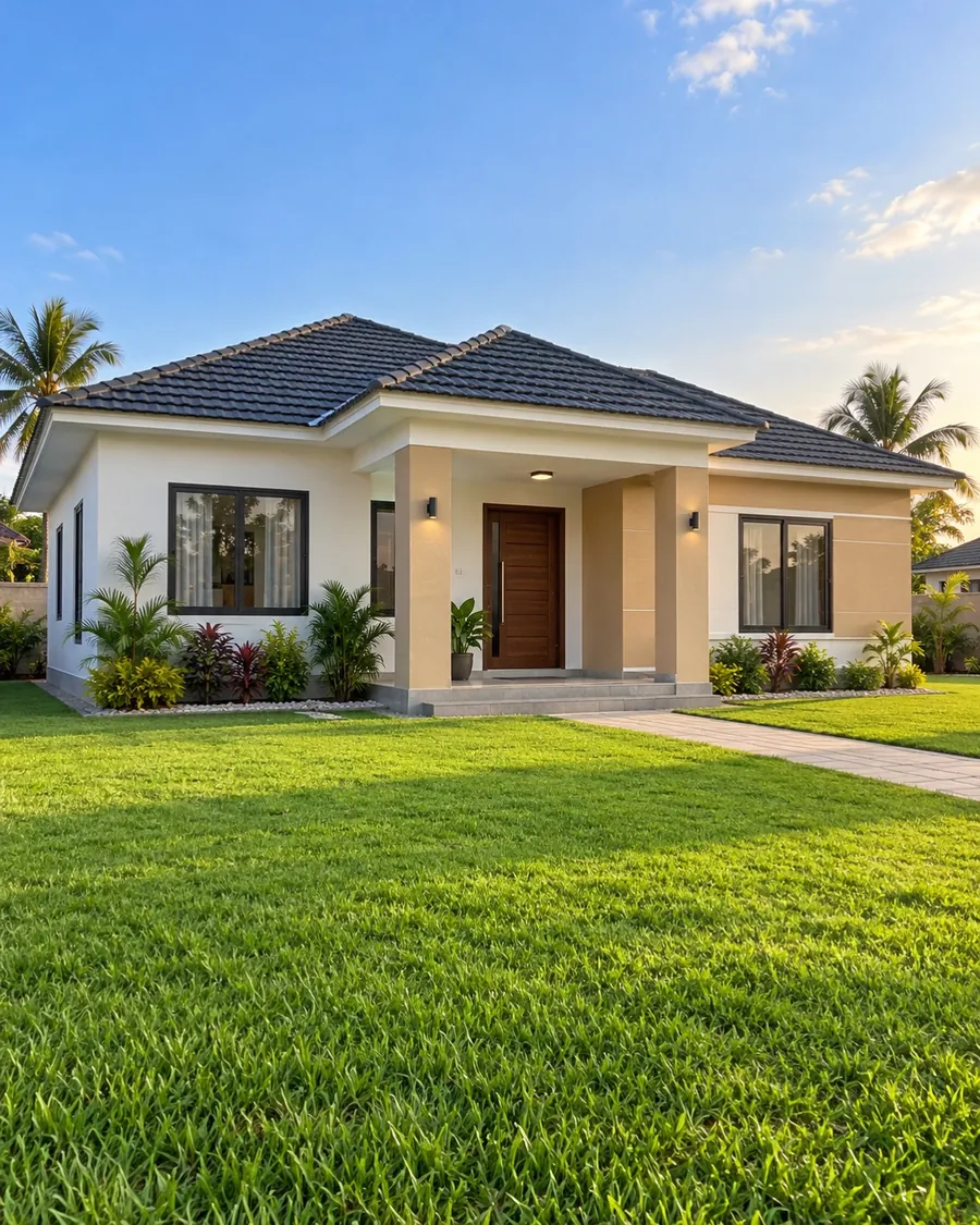 Contemporary one-storey home with a landscaped lawn — residential development in Ghana